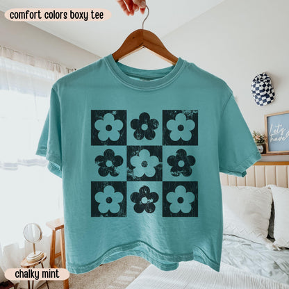 Comfort Colors® Boxy Crop Top Checkered Flowers Crop Tee Boho Floral Boxy Tee Gift For Mom Spring T Shirt Trendy Floral Cropped Tee