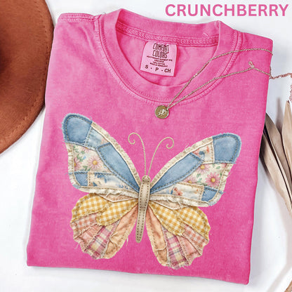 Comfort Colors Faux Patchwork Butterfly Shirt Spring Wildflower Aesthetic Graphic Tee Adult And Youth Matching Boho Vintage Shirts for Women
