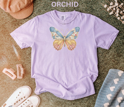 Comfort Colors Faux Patchwork Butterfly Shirt Spring Wildflower Aesthetic Graphic Tee Adult And Youth Matching Boho Vintage Shirts for Women