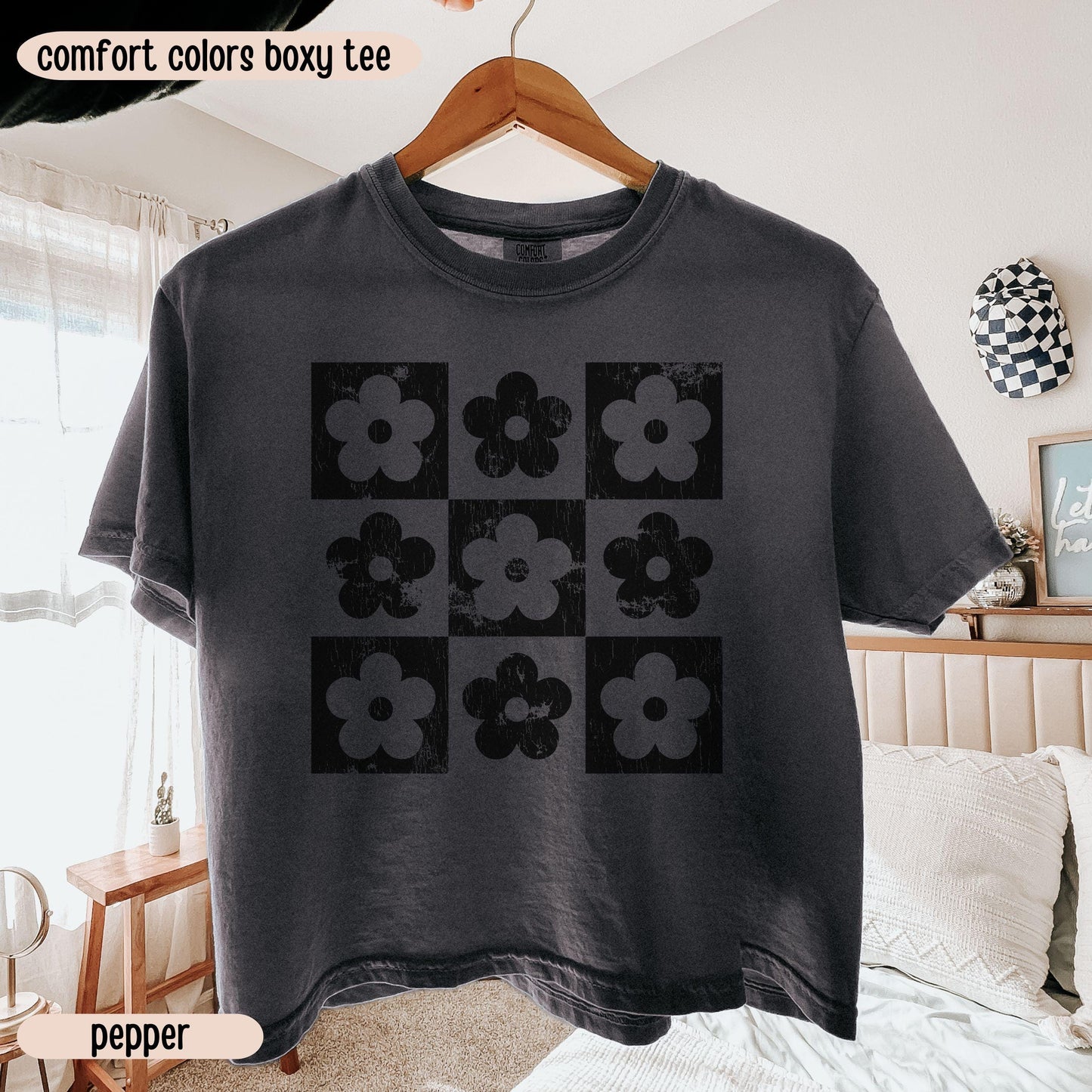 Comfort Colors® Boxy Crop Top Checkered Flowers Crop Tee Boho Floral Boxy Tee Gift For Mom Spring T Shirt Trendy Floral Cropped Tee