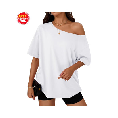 Off Shoulder Oversized T-Shirt Women Loose Casual Summer Tee Short Sleeve Trendy Top