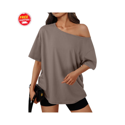 Off Shoulder Oversized T-Shirt Women Loose Casual Summer Tee Short Sleeve Trendy Top