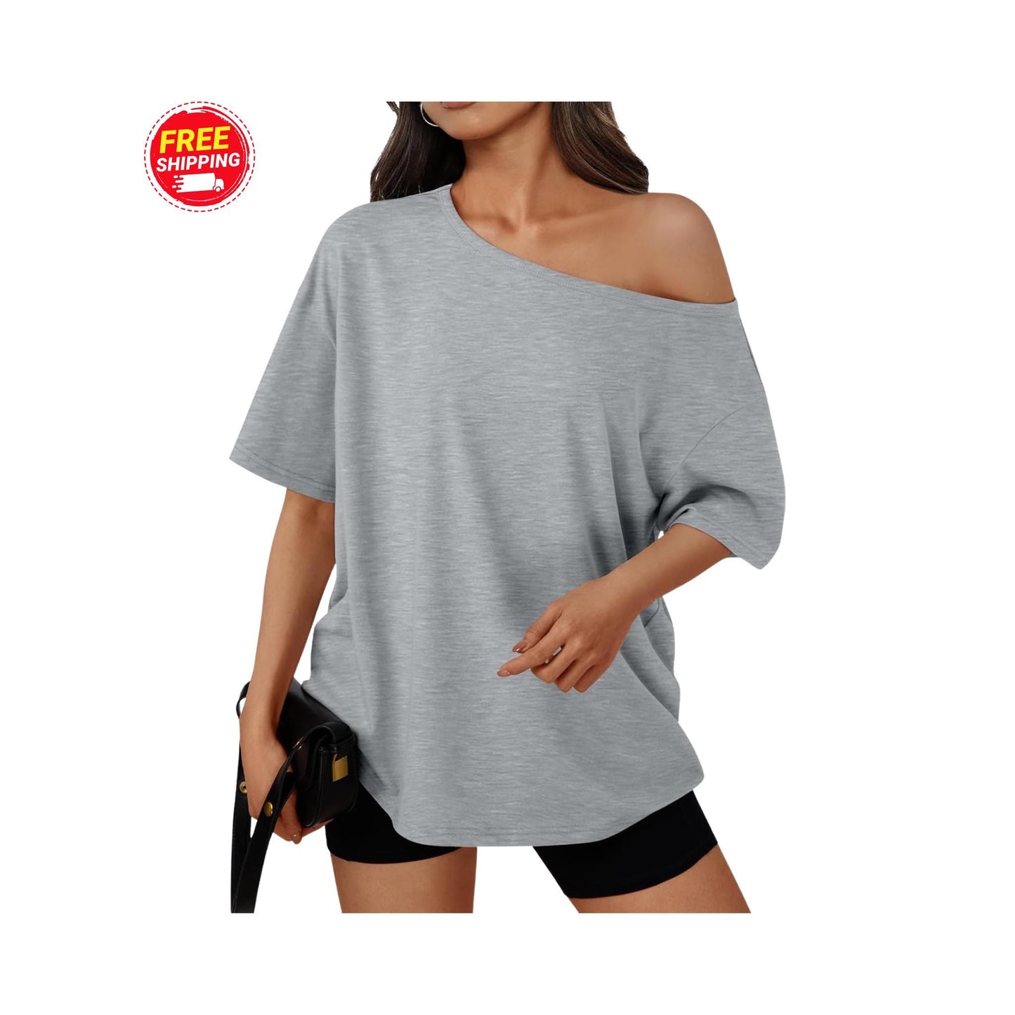 Off Shoulder Oversized T-Shirt Women Loose Casual Summer Tee Short Sleeve Trendy Top