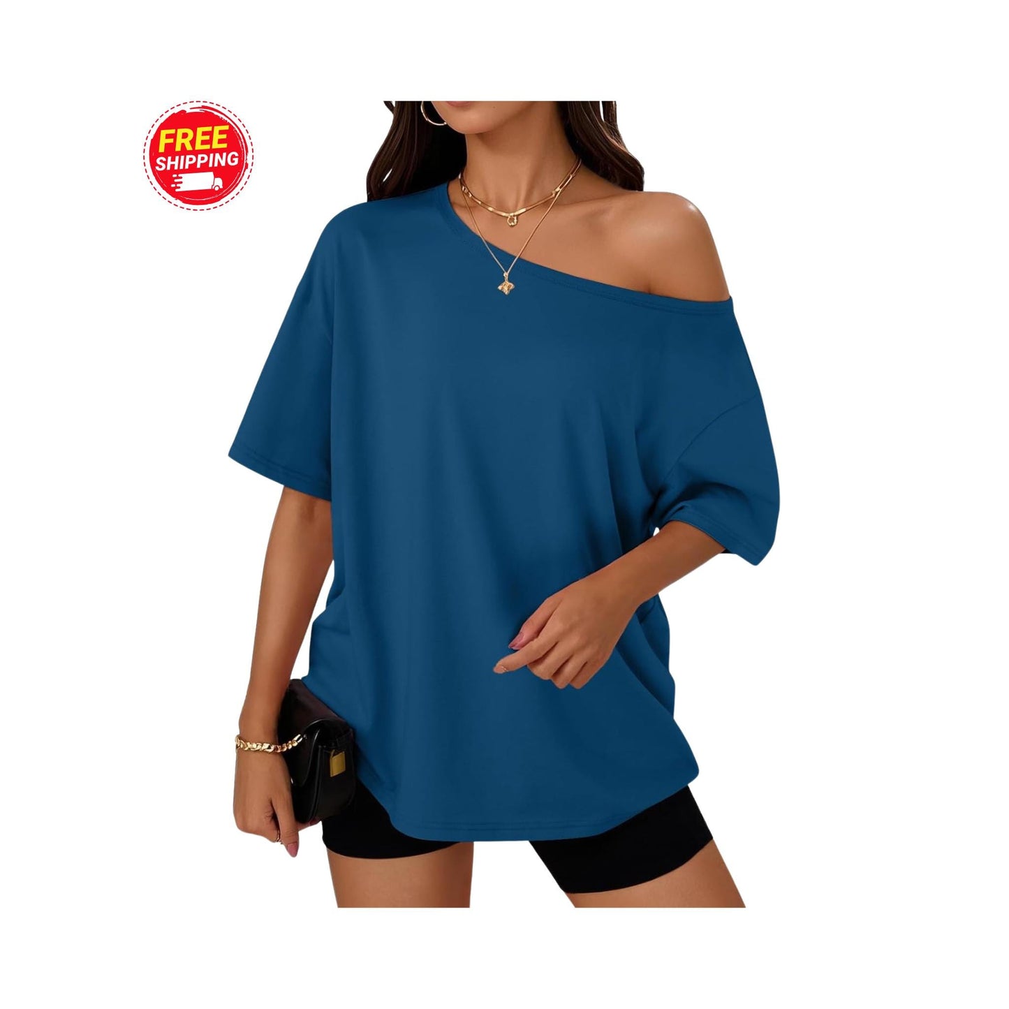 Off Shoulder Oversized T-Shirt Women Loose Casual Summer Tee Short Sleeve Trendy Top