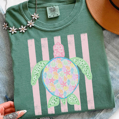 Comfort Colors Turtle Shirt - Summer Trending Stripes T-Shirt - Boho Summer Beach Tee - Retro Graphic Floral Turtle