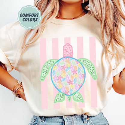Comfort Colors Turtle Shirt - Summer Trending Stripes T-Shirt - Boho Summer Beach Tee - Retro Graphic Floral Turtle