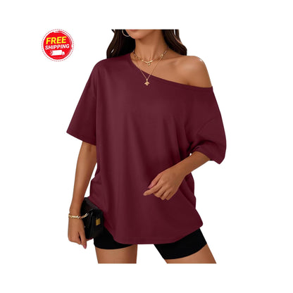Off Shoulder Oversized T-Shirt Women Loose Casual Summer Tee Short Sleeve Trendy Top