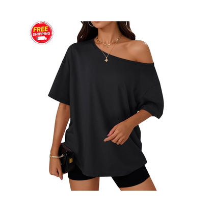 Off Shoulder Oversized T-Shirt Women Loose Casual Summer Tee Short Sleeve Trendy Top