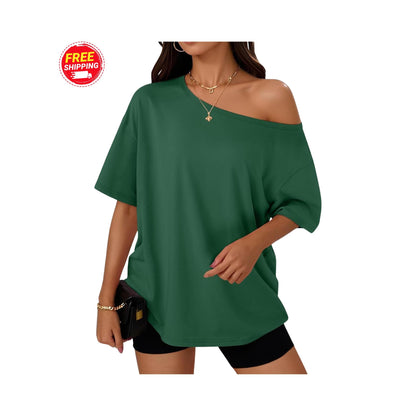 Off Shoulder Oversized T-Shirt Women Loose Casual Summer Tee Short Sleeve Trendy Top
