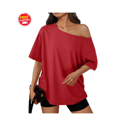 Off Shoulder Oversized T-Shirt Women Loose Casual Summer Tee Short Sleeve Trendy Top