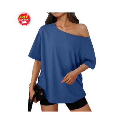 Off Shoulder Oversized T-Shirt Women Loose Casual Summer Tee Short Sleeve Trendy Top