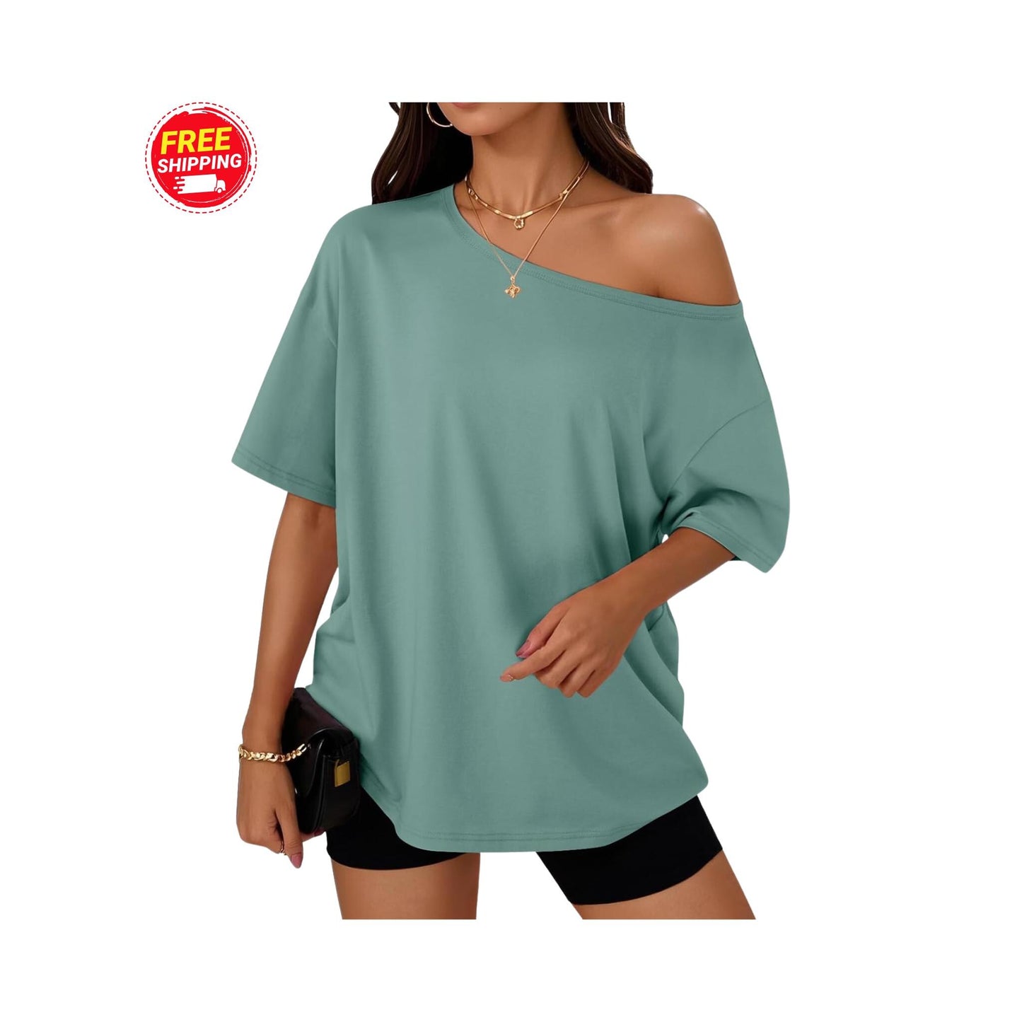 Off Shoulder Oversized T-Shirt Women Loose Casual Summer Tee Short Sleeve Trendy Top