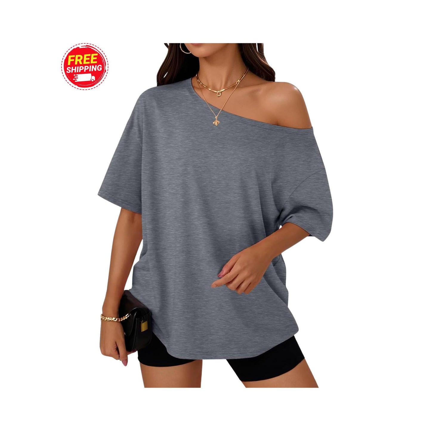 Off Shoulder Oversized T-Shirt Women Loose Casual Summer Tee Short Sleeve Trendy Top