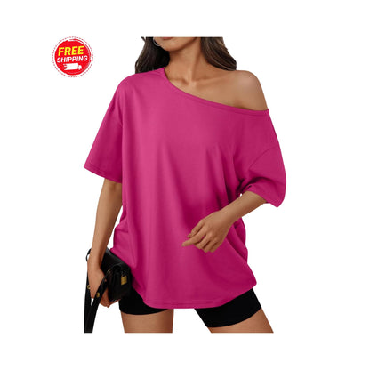 Off Shoulder Oversized T-Shirt Women Loose Casual Summer Tee Short Sleeve Trendy Top
