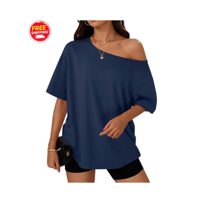 Off Shoulder Oversized T-Shirt Women Loose Casual Summer Tee Short Sleeve Trendy Top
