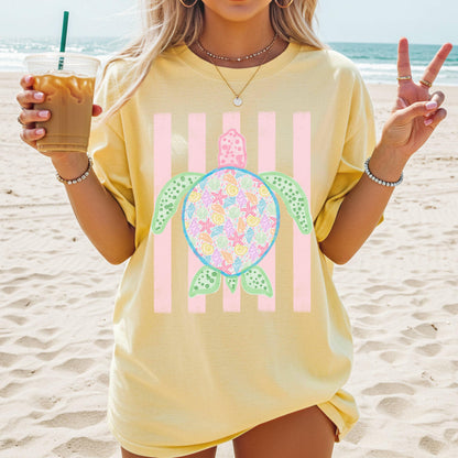 Comfort Colors Turtle Shirt - Summer Trending Stripes T-Shirt - Boho Summer Beach Tee - Retro Graphic Floral Turtle