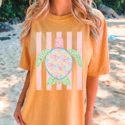 Comfort Colors Turtle Shirt - Summer Trending Stripes T-Shirt - Boho Summer Beach Tee - Retro Graphic Floral Turtle