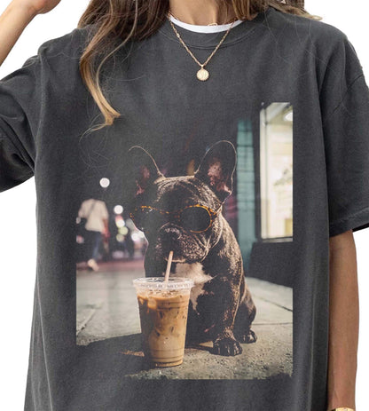 Comfort Colors® French Bulldog Iced Coffee Shirt, Funny Dog Coffee Lover Tee, Grunge Frenchie Graphic Shirt, Trendy Aesthetic Dog Tee