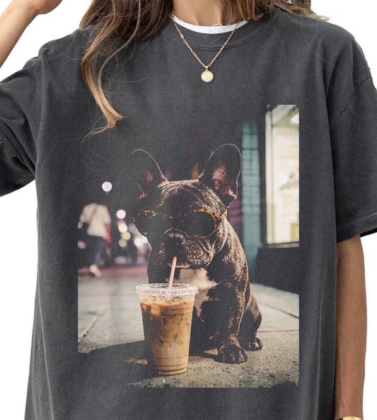 Comfort Colors® French Bulldog Iced Coffee Shirt, Funny Dog Coffee Lover Tee, Grunge Frenchie Graphic Shirt, Trendy Aesthetic Dog Tee