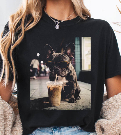 Comfort Colors® French Bulldog Iced Coffee Shirt, Funny Dog Coffee Lover Tee, Grunge Frenchie Graphic Shirt, Trendy Aesthetic Dog Tee